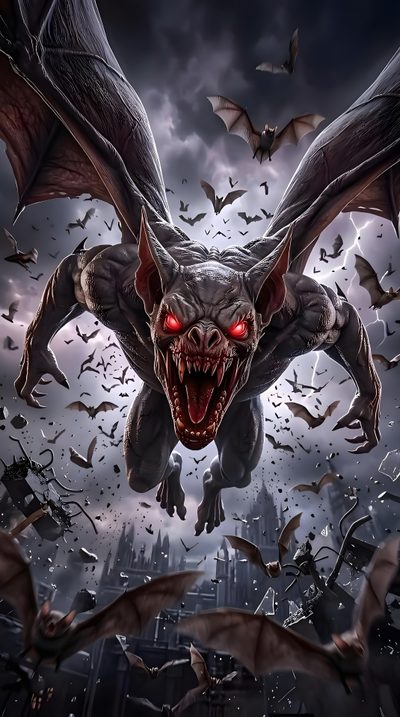 a bat flying through the air with red eyes and fangs on it's face Halloween Flying Monster Dracula Flying, Evil Demons, Dark Creatures, Dragon Warrior, dark slate gray