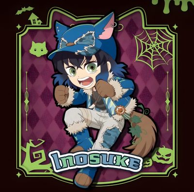 an anime character with a cat costume on Inosuke Halloween Anime Halloween, Halloween Illustration, Lil Baby, Halloween Backgrounds, dark slate gray