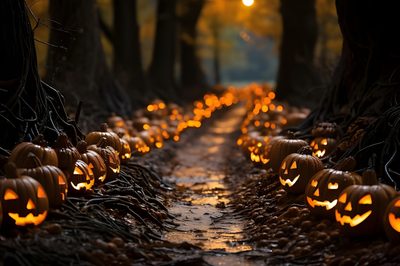 many pumpkins are lit up in the woods Halloween Pumpkin Path Halloween Forest Background Hd, Halloween Forest Background, Halloween Pumpkin Landscape, black