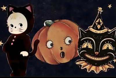 an image of two cats and a cat pumpkin on a black background with gold stars 2000s Halloween Ipad Aesthetic Halloween, Fall Backgrounds For Macbook, Fall Aesthetic Ipad Horizontal, black