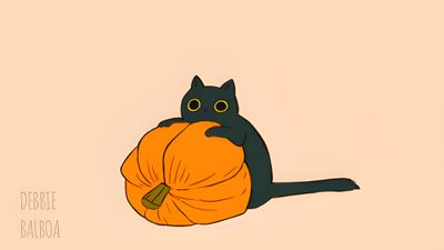 a black cat sitting on top of a large orange pumpkin with the caption debbleba Kawaii Halloween Gif First Example, Pumkat Gif, Halloween Warm Up, Cute Halloween Black Cat Gif, peach puff