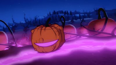 two pumpkins with faces on them sitting in the middle of a purple field at night Halloween Laptop Gif Aesthetic Halloween Discord Banner Gif, Cute Halloween Discord Banner Gif, Aesthetic Halloween Gif Anime, dark slate blue