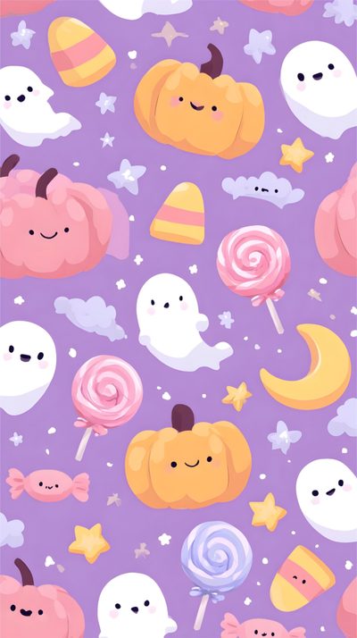 a purple background with candy and candies on it Halloween Candy Design Pastel Halloween Iphone, Cute Patterns, Purple Halloween, Pastel Halloween, plum