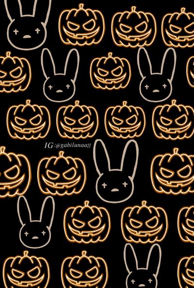 pumpkins and jack - o'- lanterns with faces drawn in the shape of rabbits Bad Bunny Halloween Bad Bunny Fall Aesthetic, Bad Bunny Halloween, Bad Bunny Pumpkin Carving, black