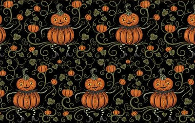 a black background with orange pumpkins and vines Johanna Parker Halloween Pumpkin Vines Pattern, Fall Spooky Pumpkins Pattern, Pumpkin Vine Fabric, black