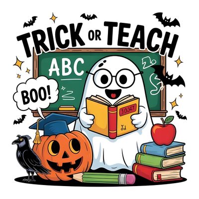 a cartoon ghost reading a book next to some books Halloween Teacher Halloween Quotes For Teachers, Pencil Png, Back To School Ghost Design, white smoke