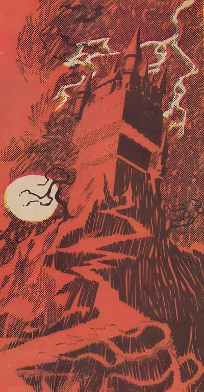 an old book cover with a castle in the sky and lightning coming out of it Vintage Halloween- Bobcats Castle Vintage Halloween, 80s Horror Background, Vintage Horror Background, sienna