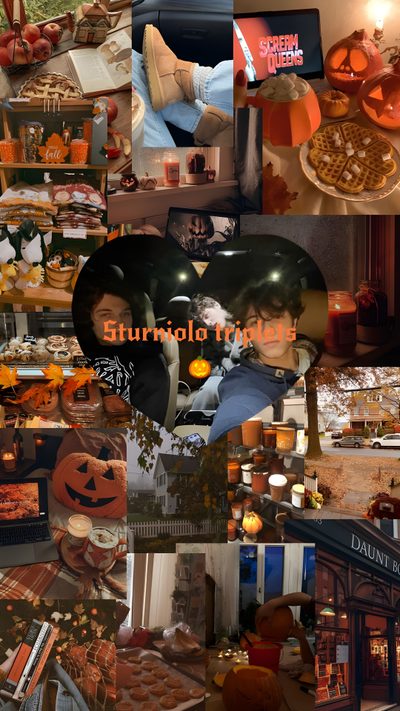 collage of pumpkins, books, and other items in various pictures with words on them Sturniolo Halloween Sturniolo Triplets Thanksgiving, Sturniolo Triplets Fall, Halloween Sturniolo Triplets, saddle brown