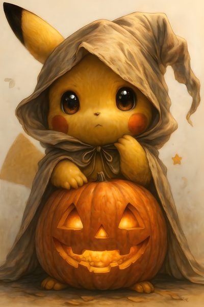 a painting of a little pikachu sitting on top of a jack o lantern Pikachu Halloween Kawaii Pikachu Halloween, Pikachu Drawing Halloween, Cute Halloween Pikachu, sienna