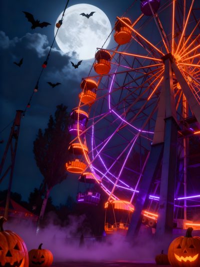 a ferris wheel lit up at night with pumpkins in the foreground and bats flying around Halloween Roller Coaster Writing A Book, Halloween Amusement Park, Amusement Park, Iphone, dark slate gray