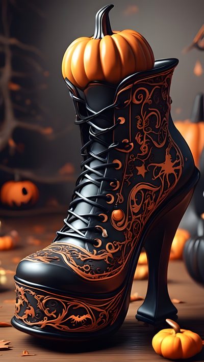 a pair of black and orange high heeled shoes with pumpkins in the background Halloween Retro Shoes With Pumpkins Halloween Boots Drawing, Colorful Witch Boots Art, Halloween High Heel Leather Boots, dark slate gray