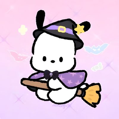 a cartoon character holding a broom and wearing a witches hat Pochacco Halloween Halloween Cute, Charmmy Kitty, Hello Kitty Crafts, Hello Kitty Drawing, lavender