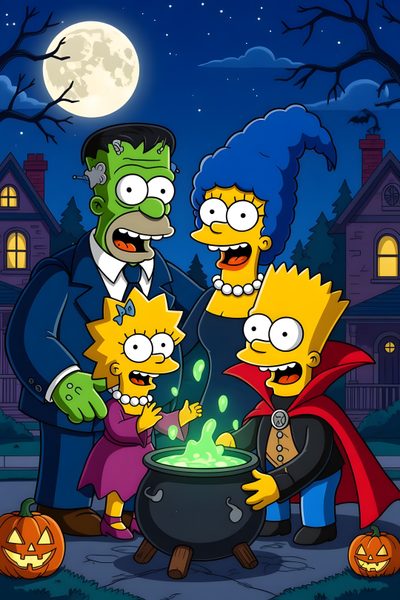 the simpsons family is dressed up as halloween characters in front of a house at night Bart Simpson Halloween Bart Simpson Halloween, Simpsons Halloween, Simpsons Happy Halloween, midnight blue