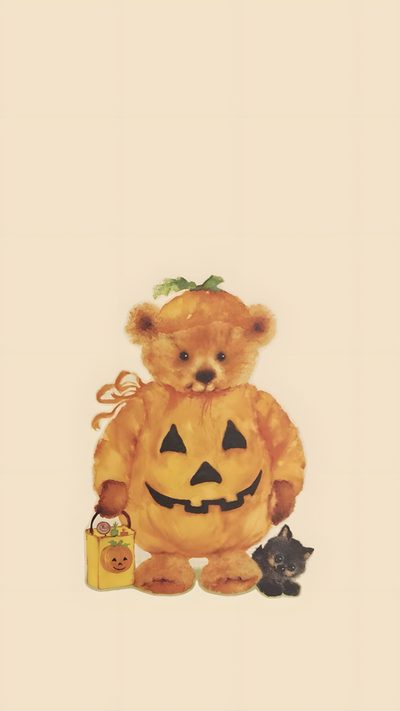 a teddy bear dressed up as a pumpkin with a bag and two kittens next to it Halloween Bear Iphone Fall Phone Screen, Fall Wigitsmith Ideas, Iphone Cottagecore, Nostalgic Fall, bisque