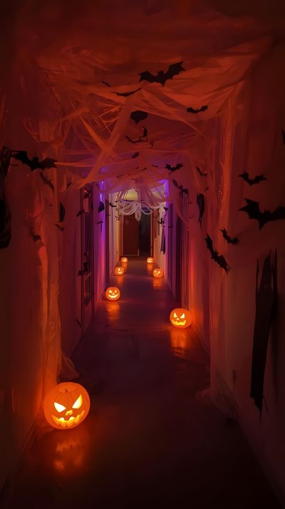 a long hallway decorated with pumpkins and bats for halloween time, all lit up at night Halloween Hallway Halloween Entryway Decor Indoor, Halloween Decoration Ideas Indoor, Halloween Party Home Decor, maroon