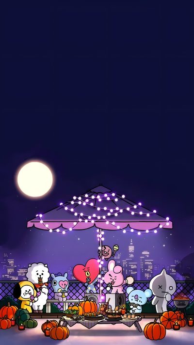 the cartoon characters are sitting under an umbrella at night with pumpkins on the ground Bt21 Halloween Background Background Bt21 Christmas, Bt21 Autumn, Bt21 Cooky Halloween, Bt21 Christmas, black