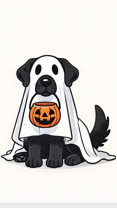 a black and white dog wearing a ghost costume with a jack o lantern on it's chest Halloween Dog Ghost Halloween Clip Art, Cute Halloween Dog Drawing Easy, Dog Ghost Background, white smoke