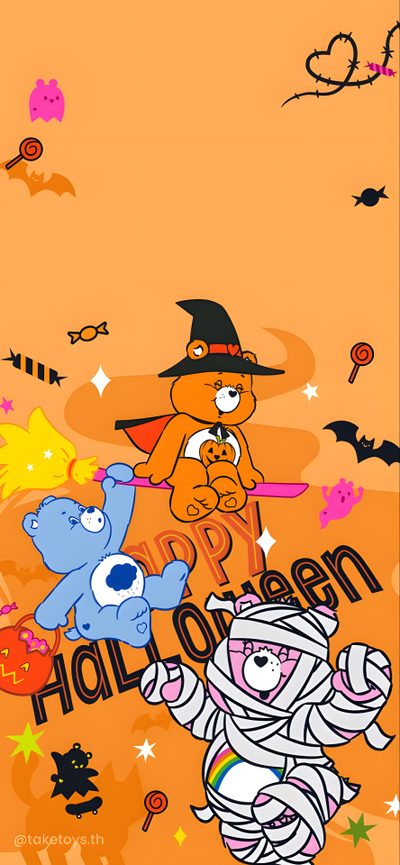 three cartoon bears dressed up as witches on an orange background with the words halloween written below them Care Bears Halloween Scare Bears, Aesthetic Halloween Care Bear, Care Bears Halloween Background, sandy brown
