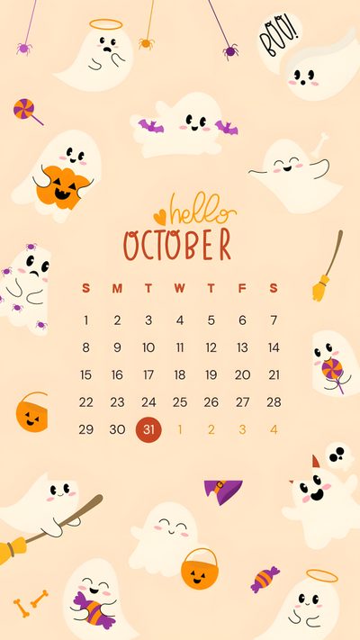 the october calendar is filled with cute ghost faces and other halloween related items, including candy October 2025 Calendar Halloween October Birthday, Halloween October Calendar, Cute October 2020 Calendar, bisque