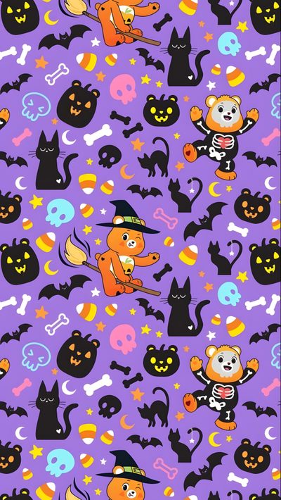 halloween themed wallpaper with cats, bats and skulls Halloween Cartoon Toss Scare Bears, Care Bear Fall, Carebear Halloween, Care Bear Halloween, medium purple