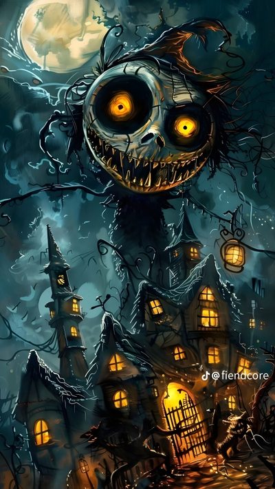 an image of a creepy house with pumpkins on it's face and eyes Halloween Nightmare Halloween Nightmare, Halloween Tim Burton, Tim Burton Halloween, dark slate gray