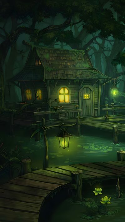 a painting of a house in the middle of a forest at night with lights on Halloween Swamp Bayou Background, Swamp Cabin Background Aesthetic, Bayou House Background, Swamp House, black