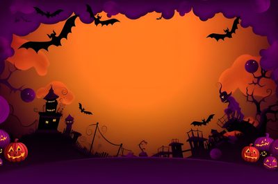 a halloween scene with pumpkins and bats Wow Halloween Cute Halloween Landscape, Background Halloween, Halloween Pumpkin For Walls, saddle brown