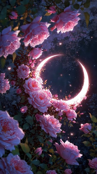 the moon is surrounded by pink roses Moonlight Flowers Halloween Floral Pretty Backgrounds, Beautiful Art, Anime Scenery, dark slate gray