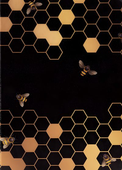 the bees are flying around the black and gold hexagonal pattern on the wall Halloween Bees Accent Ideas Gold Bee Pattern Background, Honeycomb Design Black Background, Honeycomb Black Background,