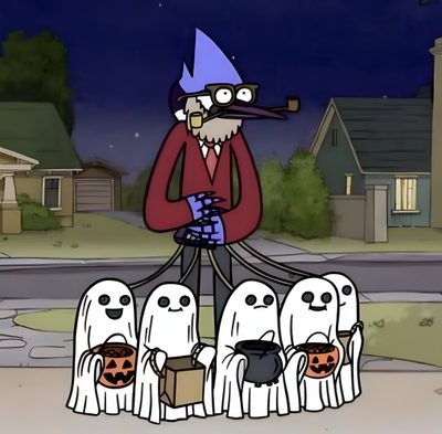 a cartoon character standing in front of a group of ghost Regular Show Halloween Regular Show Halloween Pfp, Old Cartoon Network Halloween, Regular Show Halloween Episodes, dark olive green