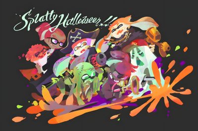 an abstract painting with people and animals on it's face in the middle of paint splatters Splatoon Halloween Splatoon Ipad, Splatoon Ink Background, Splatoon 3 Promo Art, dark slate gray