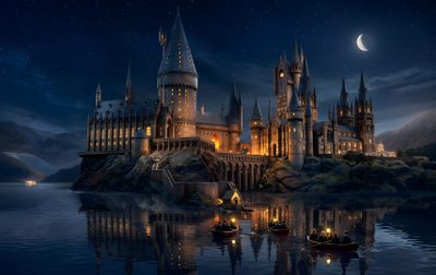 an image of a castle at night with the moon in the sky and boats on the water Hogwarts Halloween Desktop Hogwarts Castle Harry Potter Desktop 4k, Computer Harry Potter, Harry Potter Poster Landscape, dark slate gray