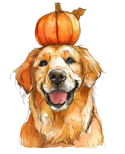 a golden retriever with a pumpkin on top of it's head is smiling Golden Retriever Halloween Golden Retriever Face Paint, Thanksgiving Dog Art, Golden Retriever Drawing, white