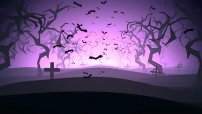 a graveyard scene with bats flying in the air and trees on either side of it Halloween Gif Gif Merlina, Purple Animated Background, Vampire Background, dark slate blue