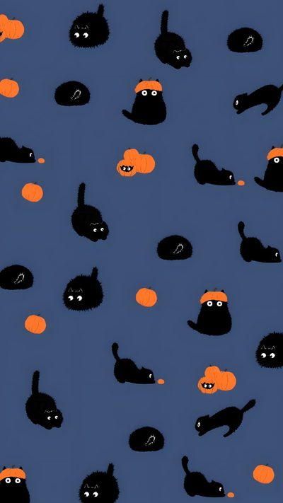 black cats and pumpkins on a blue background with orange balls in the shape of faces Cute Halloween With Cats Cute Halloween Cat, Halloween Cat, Halloween Cat For Phone, dark slate blue