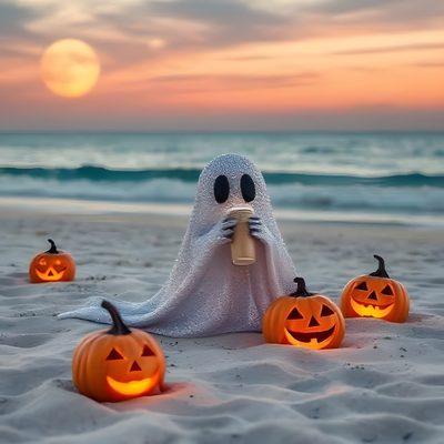 halloween pumpkins on the beach with a ghost holding a cup in front of them Beach Halloween Summerween Ideas Aesthetic, Coastal Halloween, Spooky Beach Aesthetic, gray