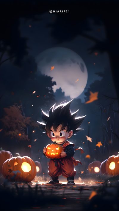 a young gohan holding a pumpkin in front of a full moon Halloween Goku Dragon Ball Christmas 4k, Halloween Goku, Goku Petit, Kid Goku Halloween, black