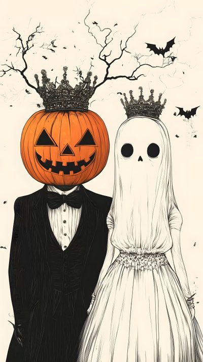 a couple dressed up as jack o lanterns Halloween Couple Iphone Image Halloween, Halloween Painting, Halloween Cute, Pumpkin Head Ghost, linen
