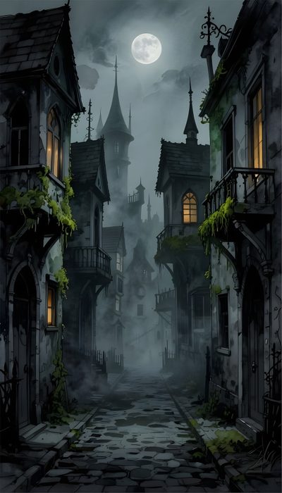 an image of a creepy town at night with the moon in the sky above it Spooky Halloween Street Dark Street, Gothic, Storybook Art, Magical Art, Gothic Art, Art, dark slate gray