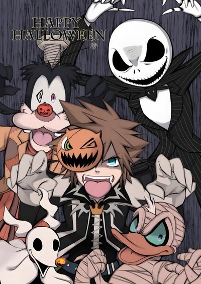 an image of some cartoon characters in front of a halloween background with the words happy halloween written on it Kingdom Hearts Halloween Kingdom Hearts Jack Skellington, Kingdom Hearts Nightmare Before Christmas, Kingdom Hearts Halloween Sora, dim gray