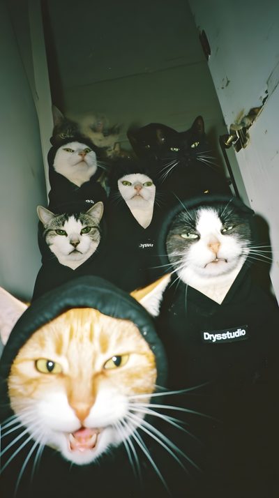 there are many cats wearing hoodies on their heads and one cat has its mouth open Funny Halloween Iphone Goofy Cats, Nike Cat, Swag Cat, Cat Gang, Gang Cat, Cat With Hoodie, dark slate gray