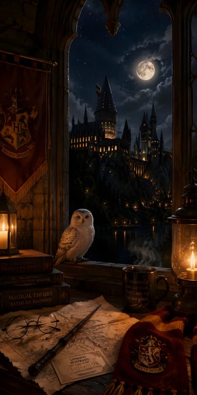 an owl sitting on top of a window sill next to harry potter's castle Harry Potter Halloween Iphone Harry Potter Lock Screen, Harry Potter Backgrounds, Harry Potter Journal, black