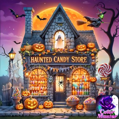 a halloween themed candy store with pumpkins and candies Halloween Candy House Halloween Candy Store, Spooky Old Buildings, Witches Candy House, dim gray