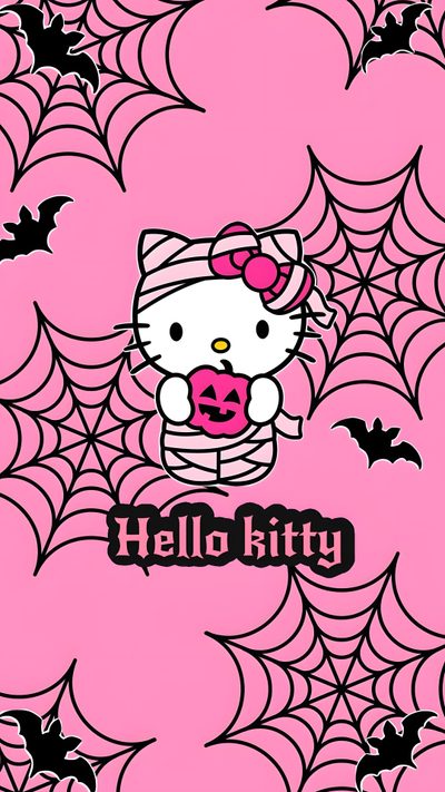 the hello kitty wallpaper is pink and has black spider webs on it with bats Pink Pink Hello Kitty Halloween Hello Kitty Art, Pink Hello Kitty, Pink, Hello Kitty Halloween,