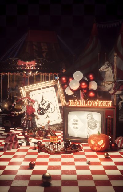 a table topped with an old fashioned tv and halloween decorations in front of a black and white checkerboard background Halloween Carnival Circus Background, Dark Circus, The Ringmaster, Circus Aesthetic, Image Swag, saddle brown