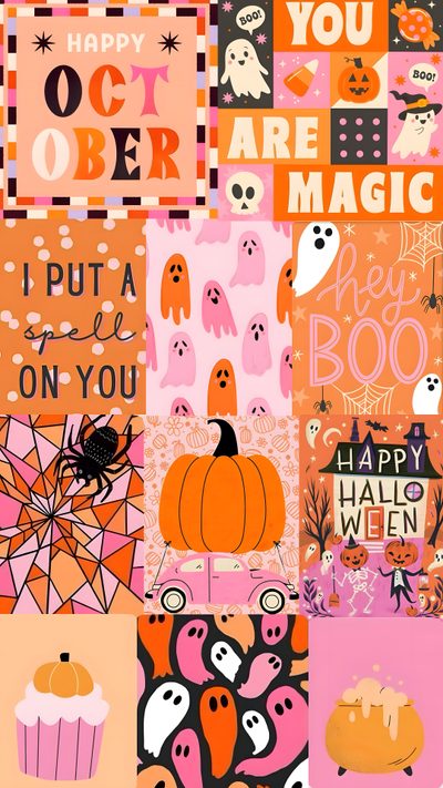 a collage of halloween cards with pumpkins, ghostes and other things on them Pink And Orange Halloween Diy Halloween Party Decorations, Halloween Themed Collage, October Social Media Post Ideas, dark salmon