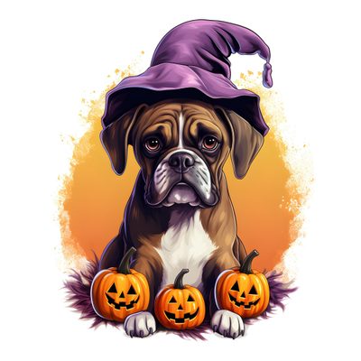 a brown and white dog wearing a purple hat with pumpkins on it's feet Halloween Boxer Dog Cute Boxer Dog Clipart, Boxer Dog Fall Background, Boston Terrier Halloween Clipart, white