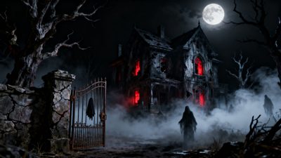 a creepy looking house with red lights in the fog at night, surrounded by trees and bushes Halloween Creepy House Digital Art, black