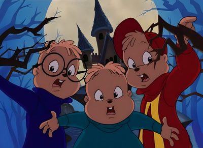 three cartoon characters in front of a full moon Alvin And The Chipmunks Halloween Alvin And The Chipmunks 90s, The Chipmunks Halloween, Alvin N The Chipmunks Halloween, dark slate gray
