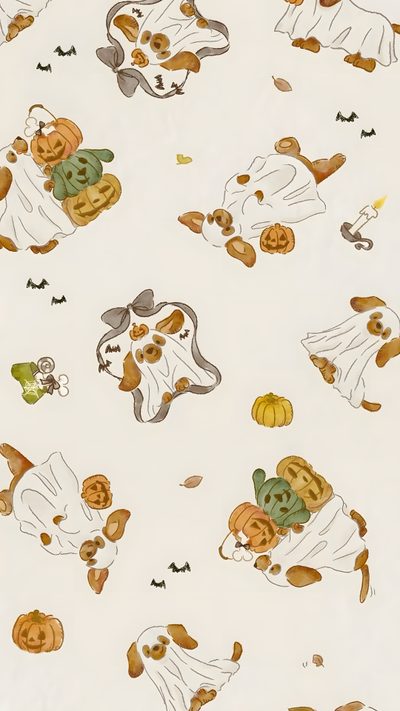 an animal themed wallpaper with pumpkins and dogs Corgi Halloween Birthday, Fall Dog, Holiday, Dog, Weiner Dog, Kawaii Aesthetic, antique white